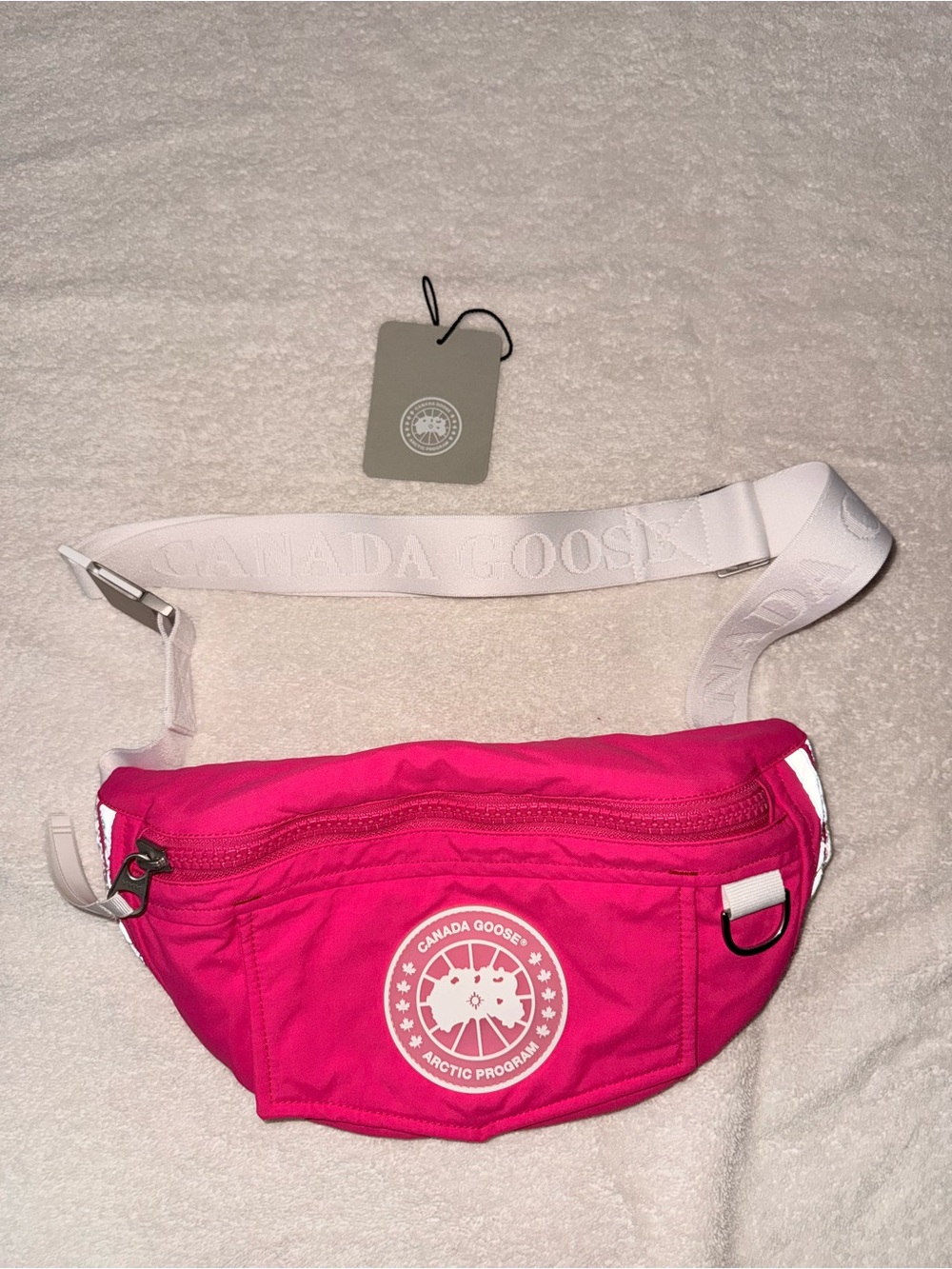 Canada Goose Hot Pink Logo Waist Bag with White Strap